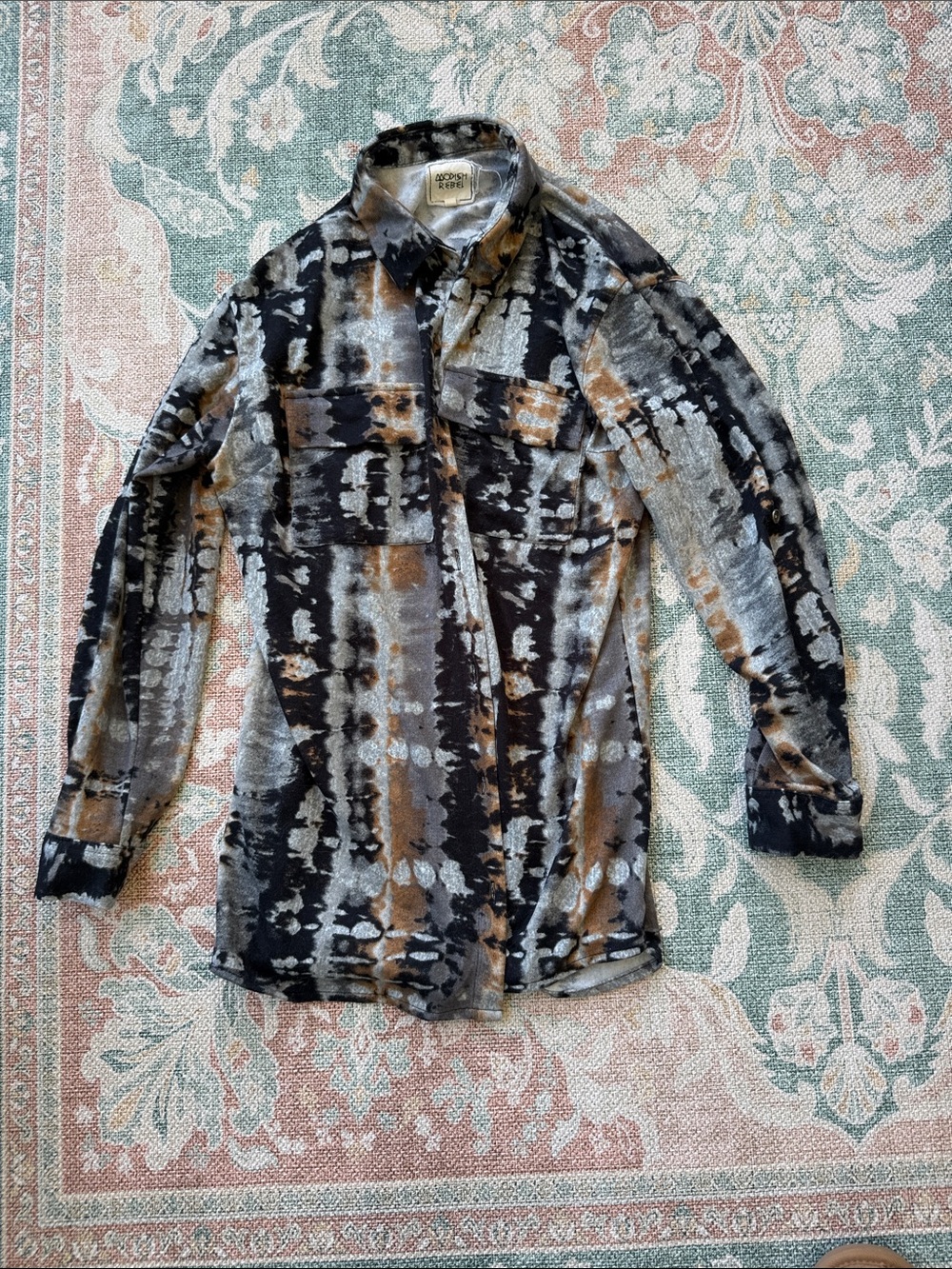 Women's Tie-Dye Button-Down Shirt in Black Gray Brown - Casual Collared Top